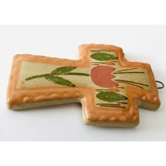 Small Hecho En Mexico Ceramic Cross Spring Tulip Orange Handmade 3" Wall Decor - Picture 3 of 6